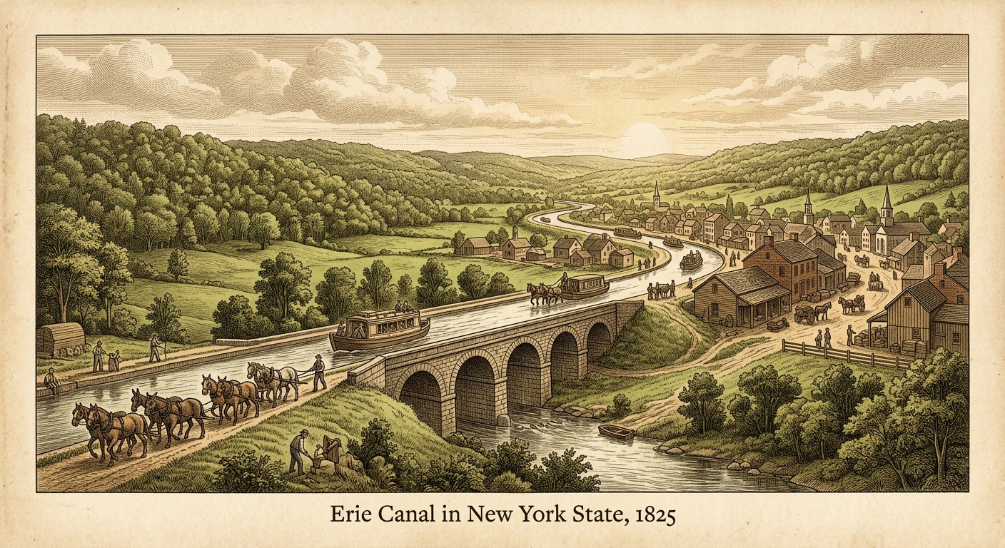 Erie Canal with horse-drawn boats